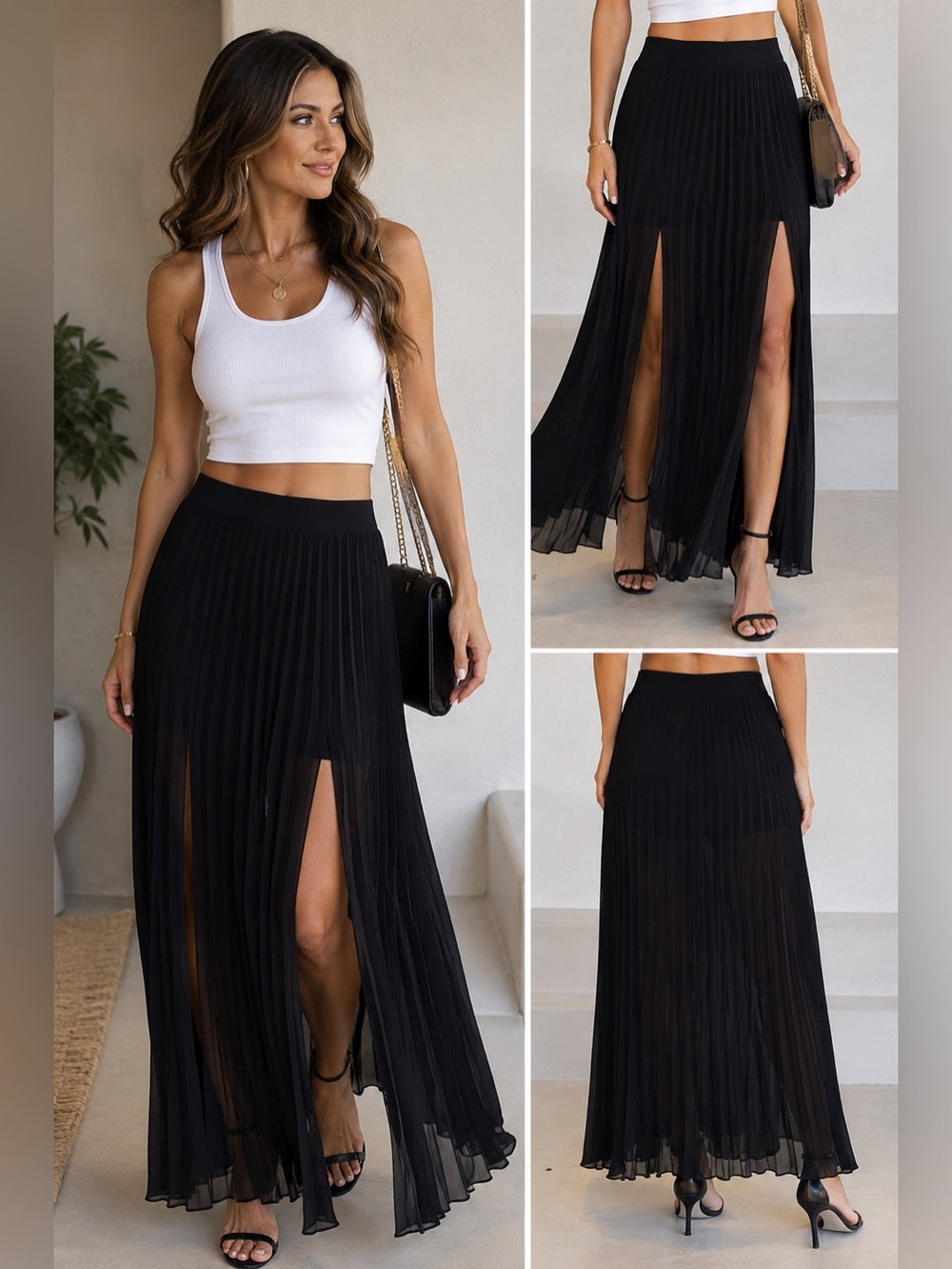 Bebe Black Pleated Maxi Skirt w/ Built-In Shorts & Double Front Slits NWT - 2